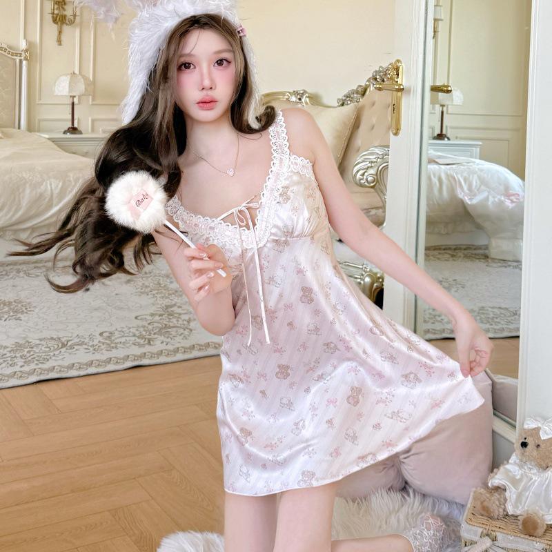 

2026 New Cartoon Print Women s Ice Silk Pajama Camisole Nightgown - Sweet, Cute, Sexy Spring/Summer Homewear XL (Recommended 58-68 kg)