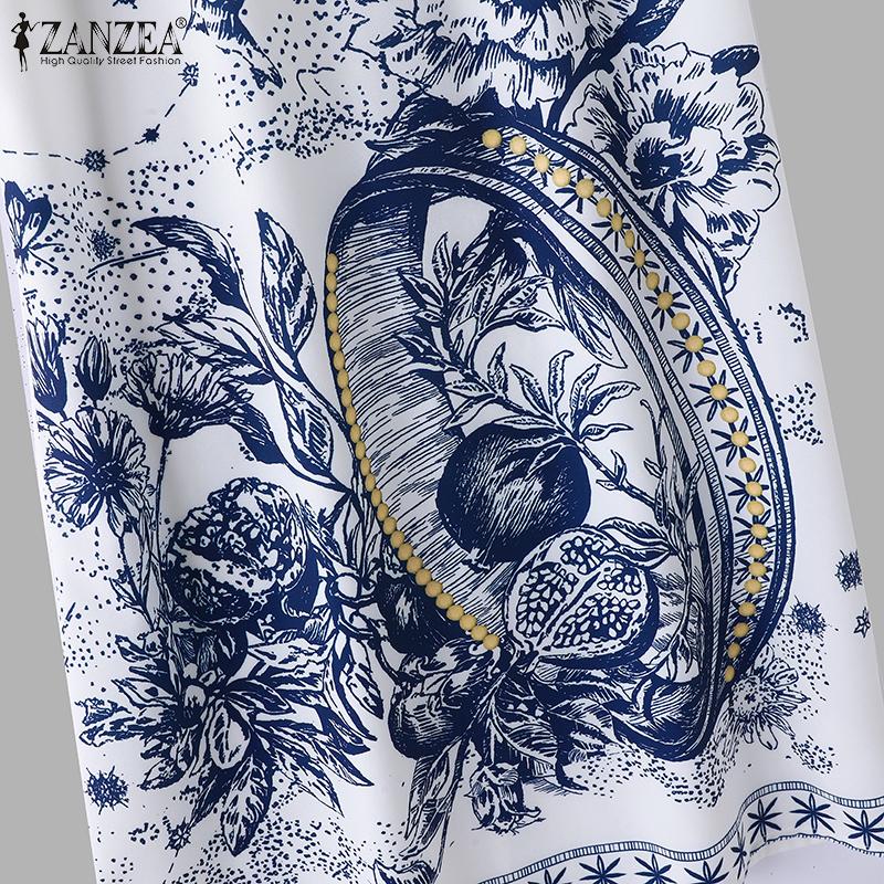 ZANZEA Damen Sommerkleider mit Rundhalsausschnitt und kurzen Ärmeln und bedruckter Taille