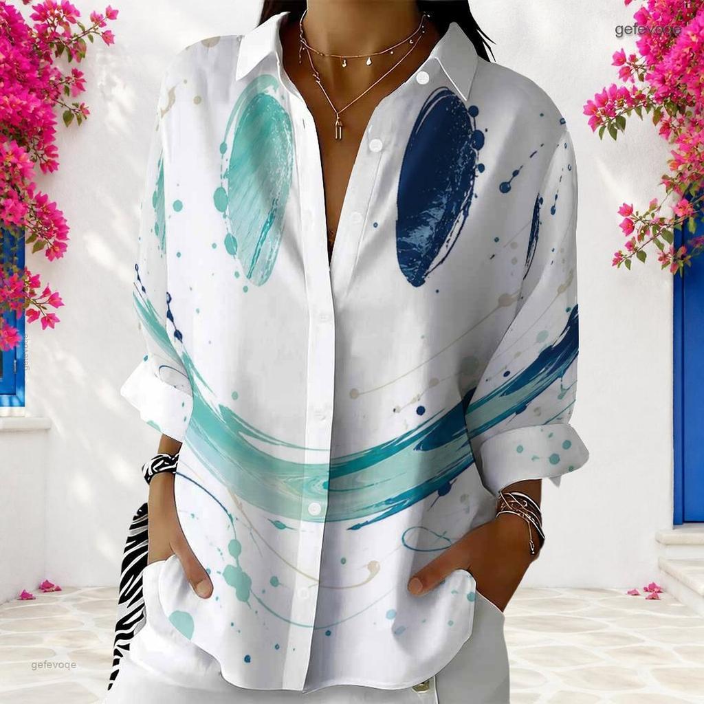 Women Plus Size Long Sleeve Collared Button Front Abstract Geometric Leaf Print Earth Tone Shirt