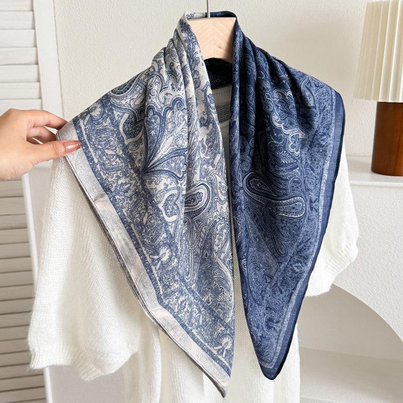 White polka dot peony flower small square scarf cotton and linen silk scarf women's high-end neck yarn air-conditioned room scarf shawl thin