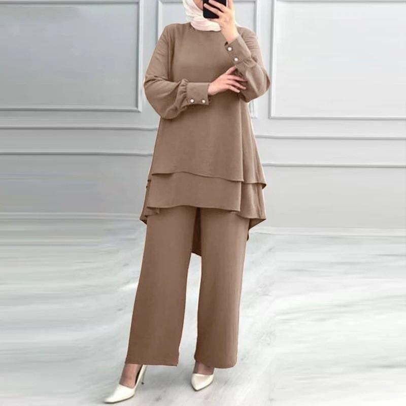 Women 2 Piece Outfit Long Sleeve Double Layer Blouse Wide Leg Pants Set Elegant Muslim Abaya Suit Casual Solid Modest Clothing For Middle East