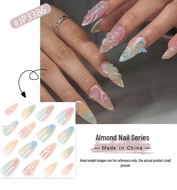 Summer 3D Butterfly Nail Art Almond Press-Ons - Gradient Bubble Bead Design