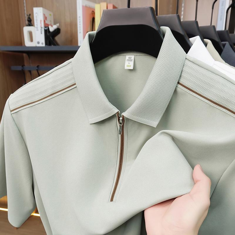 Jin An Men's Seamless Short-Sleeve Spliced Polo Shirt with Half-Zip and Split Hem
