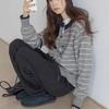 A New Autumn Fashion Round-neck and Versatile Sweater Coat for Women with Contrasting Color Stripes Long-sleeved Knitted Cardigan