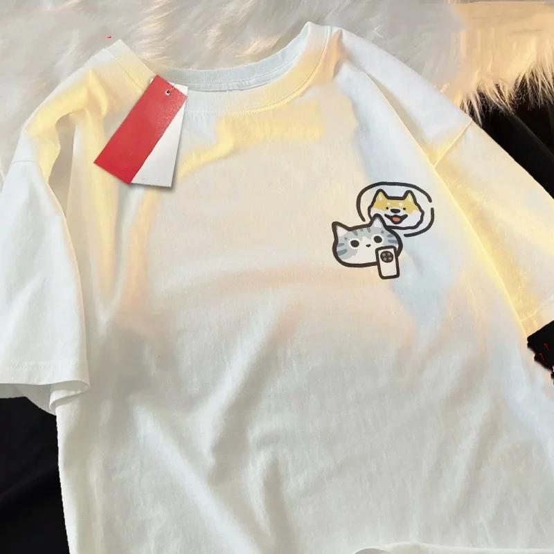 Cat Dog and Mobile Phone Print Women Round Neck Short Sleeve Soft Comfortable Streetwear Summer Fashion Women Clothes