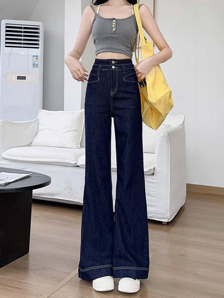 

Женские джинсы микро-клеш с высокой посадкой - Деним, Утягивающие, Маленький рост, Американский ретро (Весна/Осень 2025) M сине серый