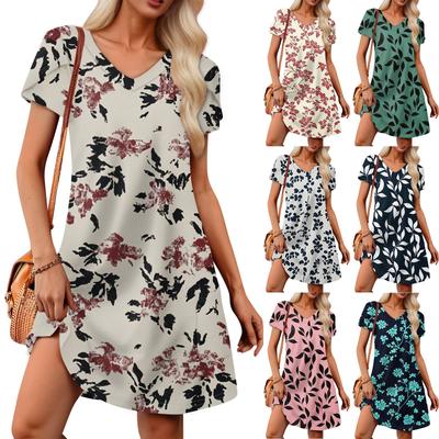 Women's Petal Short Sleeve V Neck Loose Flower  Print Swing Sundress With Pockets