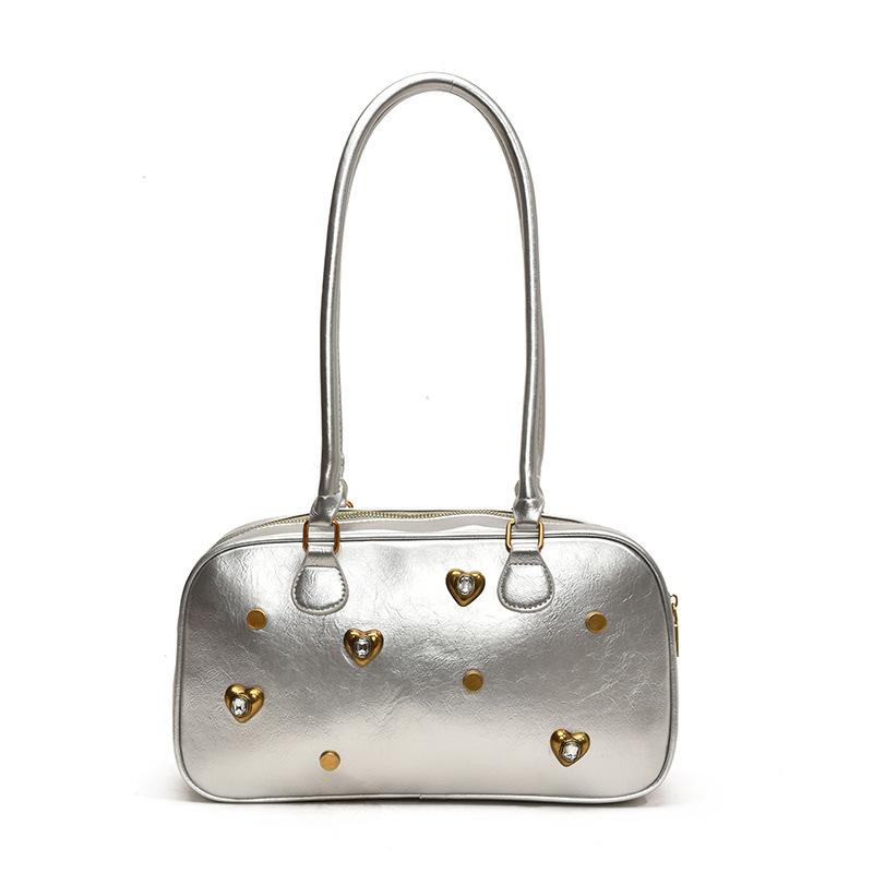 

Niche retro diamond-encrusted bowling bag women s new armpit bag large-capacity handbag shoulder bag срібний