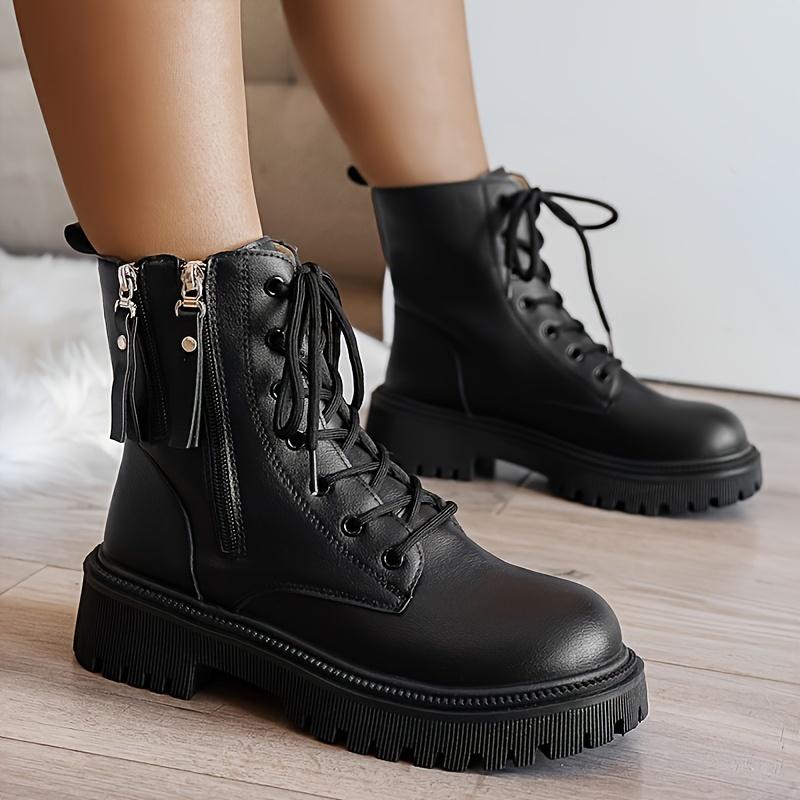 Mid Heel Platform Ankle Booties Women's Casual Ankle Booties Platform Lace-Up Boots  Winter Round Toe Comfort Shoes