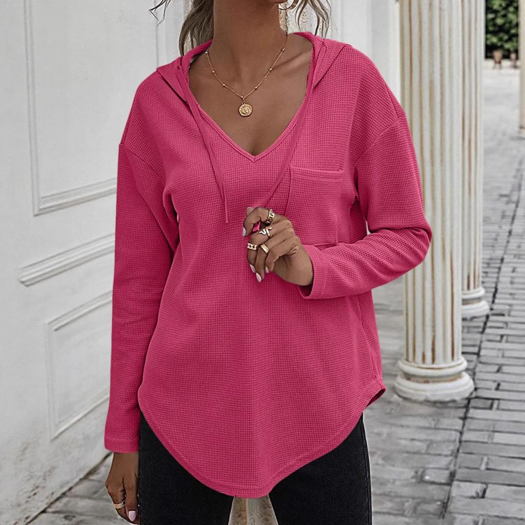 Women's V Neck Long Sleeve Hoodie Oversized Casual Pullover Waffle Knit Tunic Top