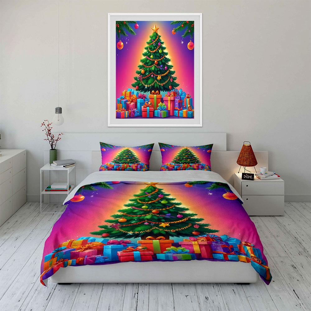 Christmas Tree with Gifts Print Bedding Duvet Cover Set Duvet Cover Pillowcases (1*Duvet Cover 2*Pillowcases, Without Duvet Insert)