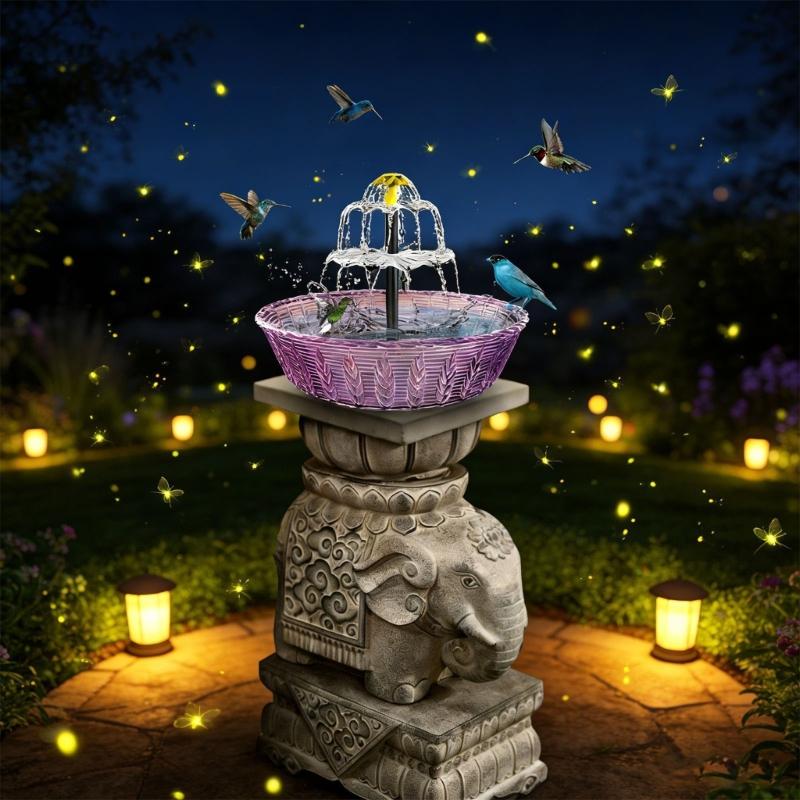 Plastikowa fontanna solarna do ogrodu, poidełko dla ptaków, z dynamicznym strumieniem wody tworzącym hipnotyzujące kaskady