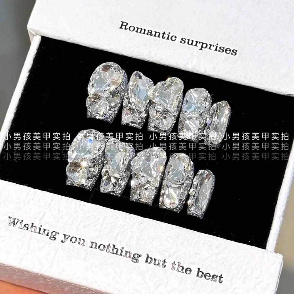 10Pcs Luxury Handmade Long Stiletto Press On Nails 3D Sparkling Diamond Bow Pearl Flower Full Cover Fake Nails