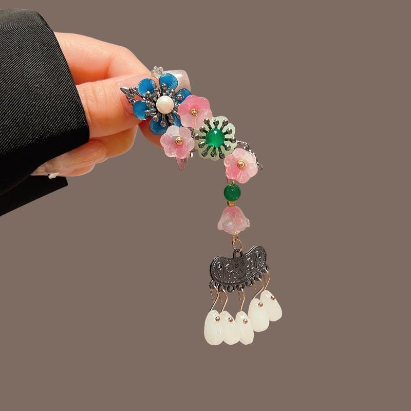 

1/2Pcs Flower-Shaped Long Tassel Hairpin Chinese Style Floral Design Side Bangs Clip Vintage Hanfu Accessory Hair Ornament A1