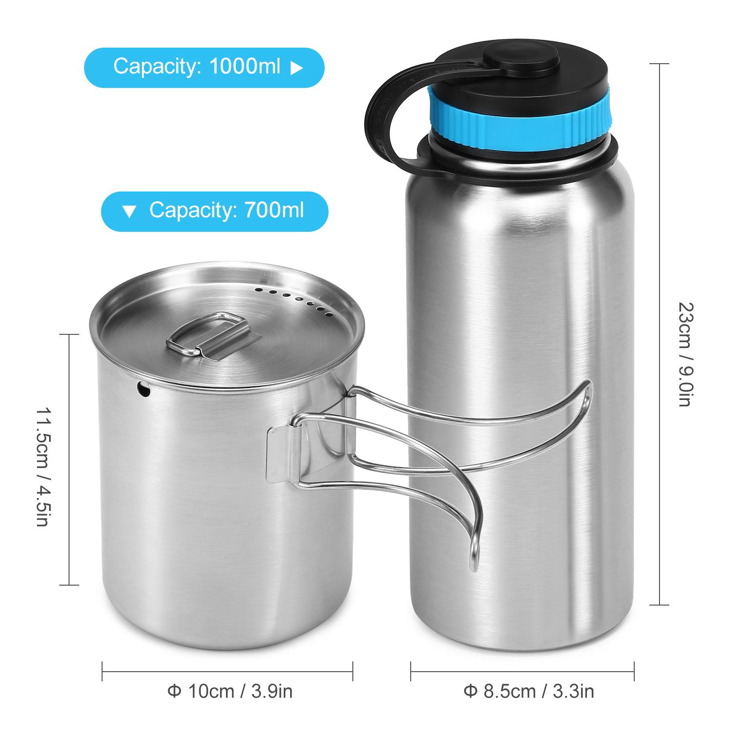 1000mlCelsius33.82oz Water Bottle,Stainless Steel Sports Bottle with 750mlCelsius25.36oz Water Cup for Outdoor Camping Hiking