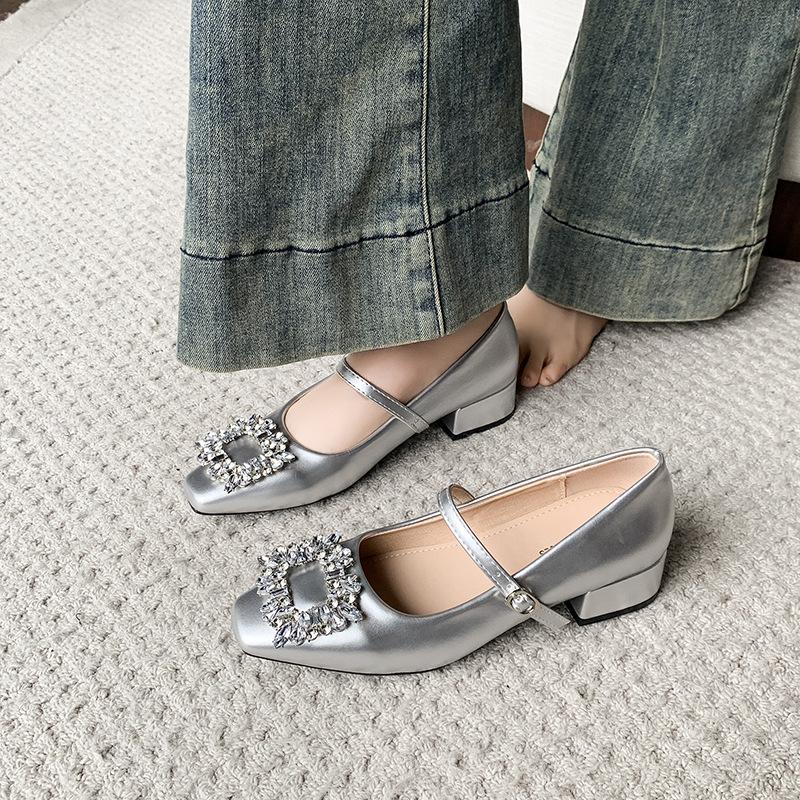 Mary Jane shoes thick heel high heels spring with skirt fairy shoes fashionable silver rhinestone single shoes