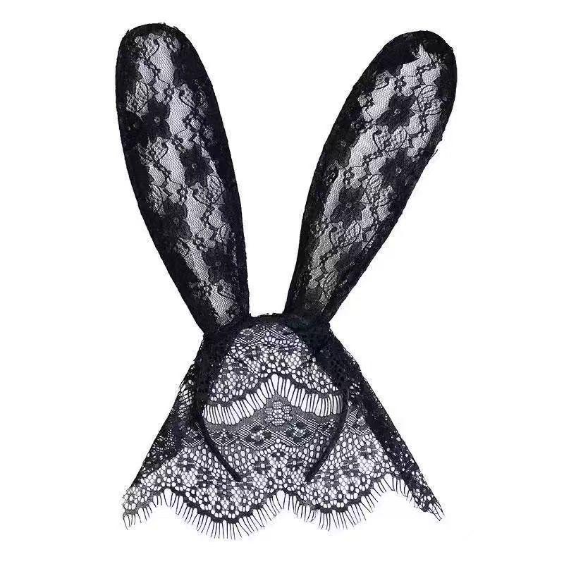 Lou Bei Black Lace Bunny Ear Veil Mask for Masquerade Parties