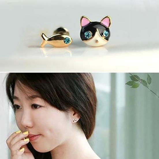 1 Pair Korean Women Cute Cat Fish Rhinestone Stud Earrings Fashion Jewelry