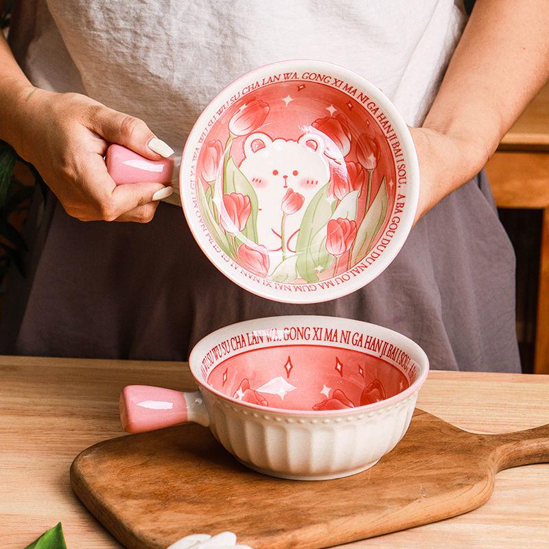 

Креативные розовые мишки с ручкой, Мультяшная керамическая миска для риса с одной ручкой, Миска для завтрака с раменом, Кухонная утварь, Миска для фруктового салата