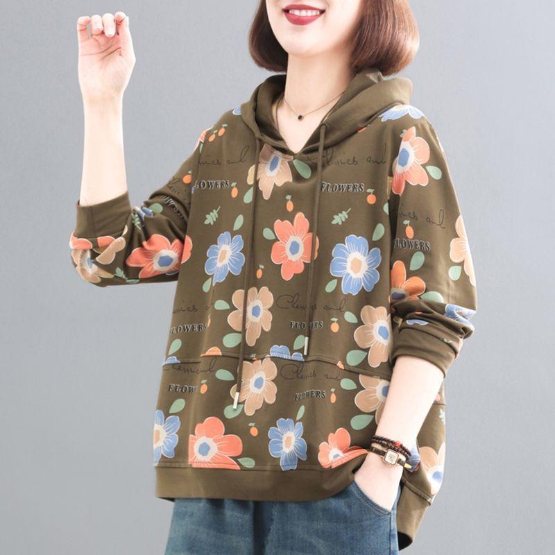 Spring and Autumn New Loose Hooded Sweatshirt Women's Printed Pullover Western Casual Bottom Shirt Jacket