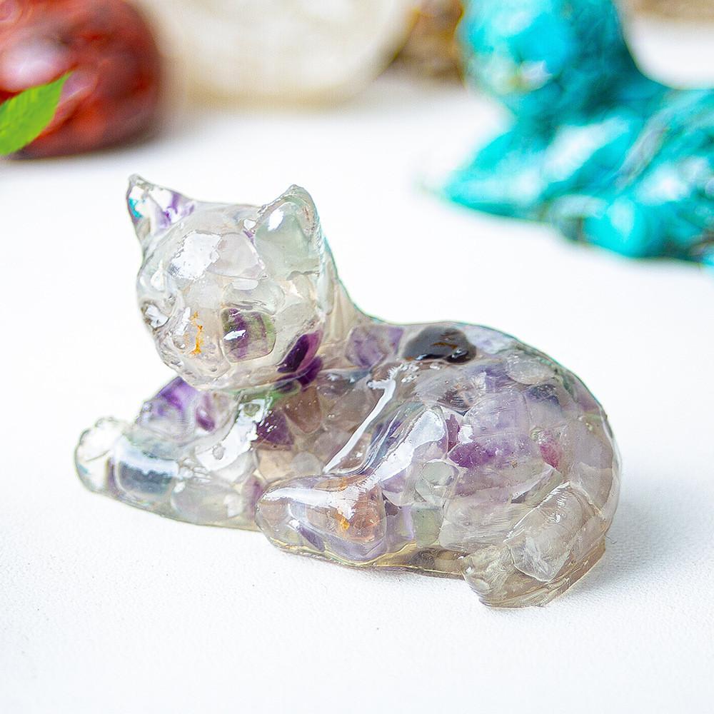 Resin Encrusted Natural Crystal Chips Resin Cat Figurine Home Decor Gift For Friends