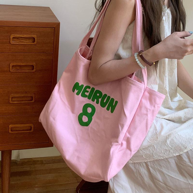 Niche Design and Fashionable Canvas Tote Bag New Pink Letter Commuting Versatile Large Capacity Shoulder Bag