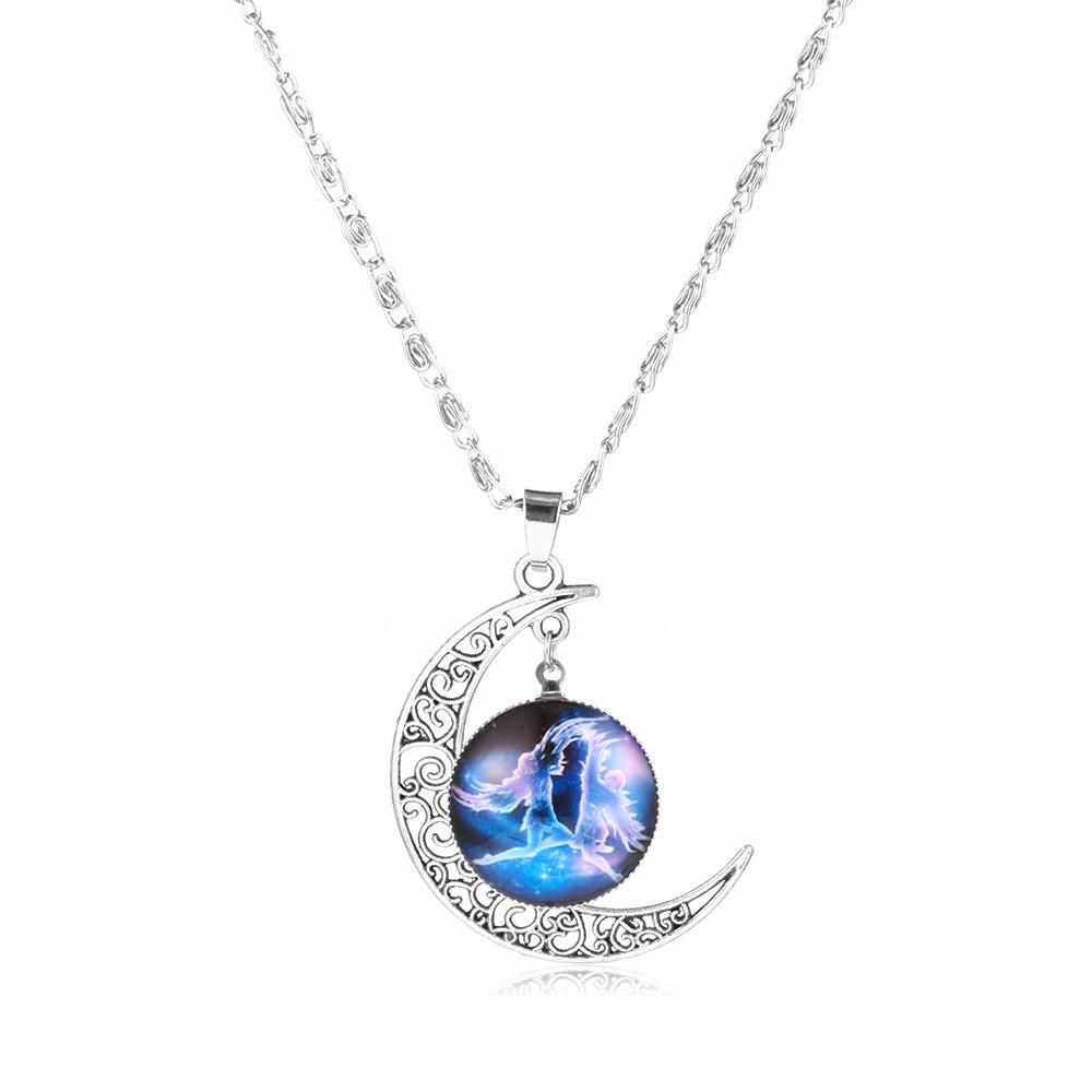 12 Zodiac Signs Glass Dome Crescent Moon Necklace for Women Aries Taurus Cancer Aquarius Pisces Necklace Fashion Party Jewelry