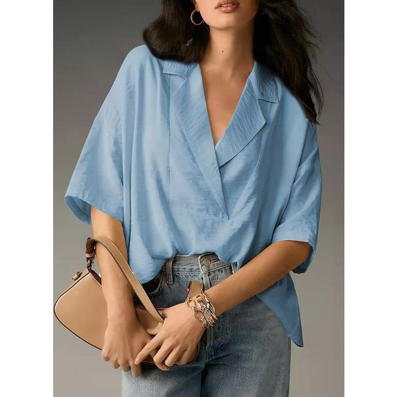 

Женская летняя новая рубашка с коротким рукавом, лацканами, повседневная, свободного кроя, однотонная XXL небесно-голубой