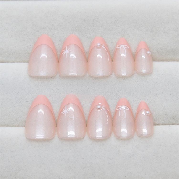 Cute French Tips Designs Acrylic Stick On Nail with Bowknot Patterns for Women Christmas Press On Nail 24 Pieces Set