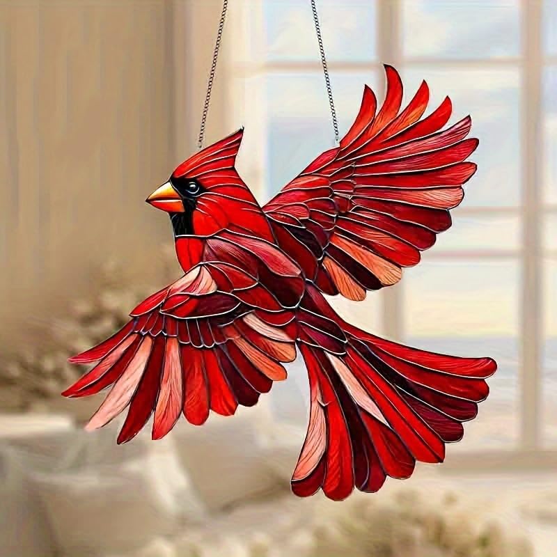 Red Hierarch Stained Window Hanging Ornament, Bird Flying Shape Garden Stained Acrylic Window Panel, Great Gift for Mom Grandma and Birds Lover for