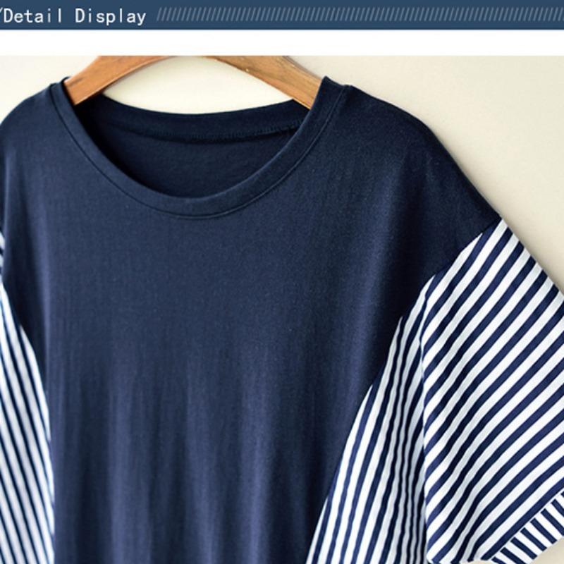 Summer Casual Pinstripe Striped Patchwork T-Shirt Round Necked T-Shirt Classic-Fit Short Sleeve T-Shirt for Female Women's Commuter Fashion T-Shirt
