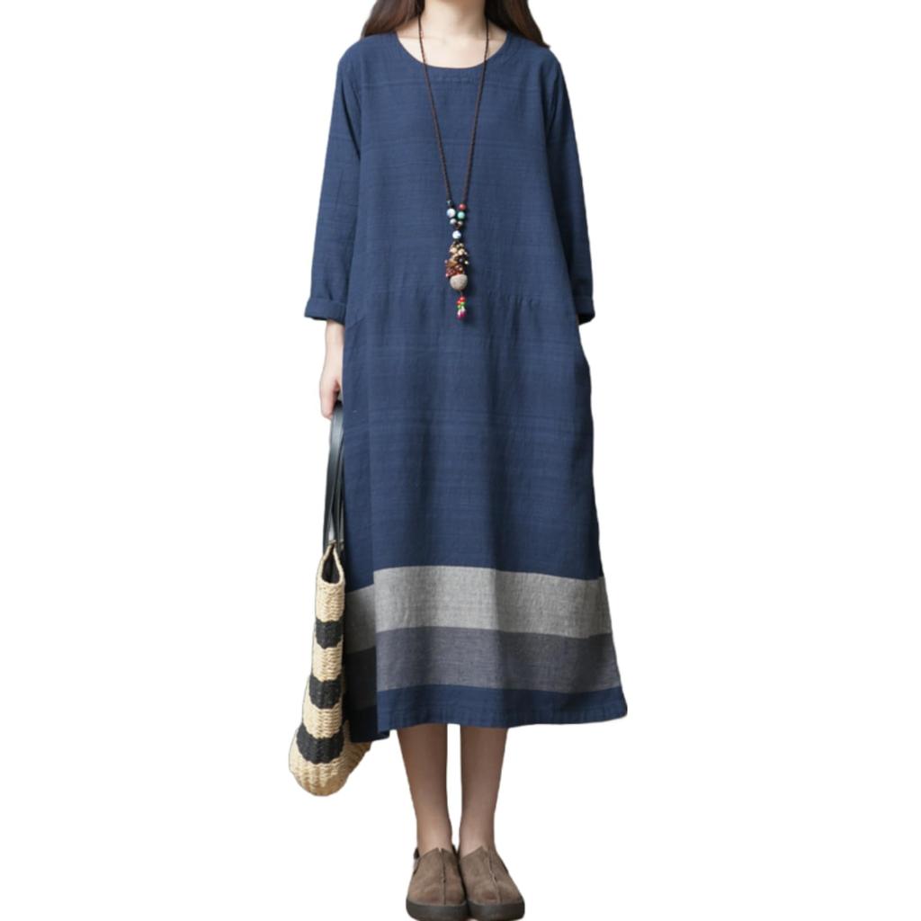 JINJUDUO Long Loose Midi Color Relaxed Sizes Office Fall Women's Cotton-Linen Dress, Sleeve, A-Line, Fit, Length, Block, Fit, M-2XL, Slimming,