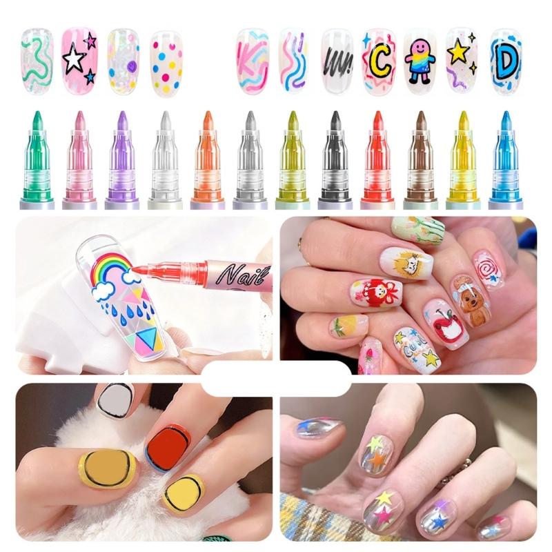 12 Color Quick Dry Nail Art Pens Fine Tip for Precise Drawing Not Require Lamp Water Based Safe for DIY Manicures