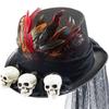 Medieval Adult Steampunks Flat Top Hat with Skull Halloween Feather&Veil Felts Hat Carnivals Role Play Magicians Hat