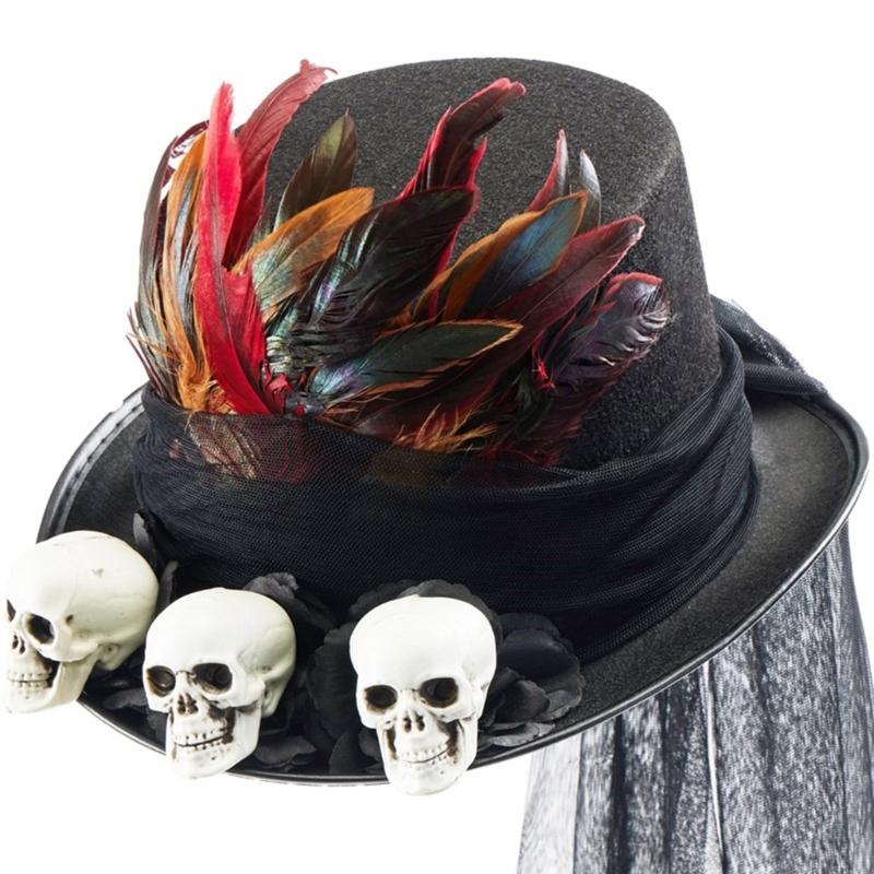Medieval Adult Steampunks Flat Top Hat with Skull Halloween Feather&Veil Felts Hat Carnivals Role Play Magicians Hat