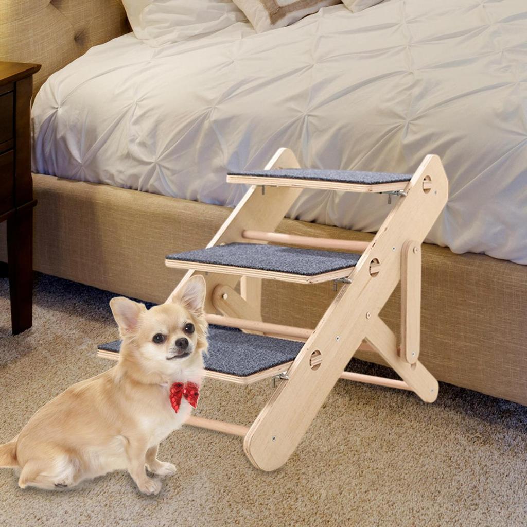 Wooden Pet Stair Portable Stable 2 in 1 for Cars Small and Older Animals 3 steps