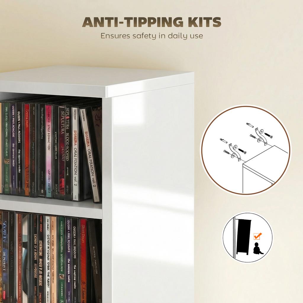 Set of 2 CD Media Display Shelf Unit Tower Rack with Adjustable Shelves, High Gloss White