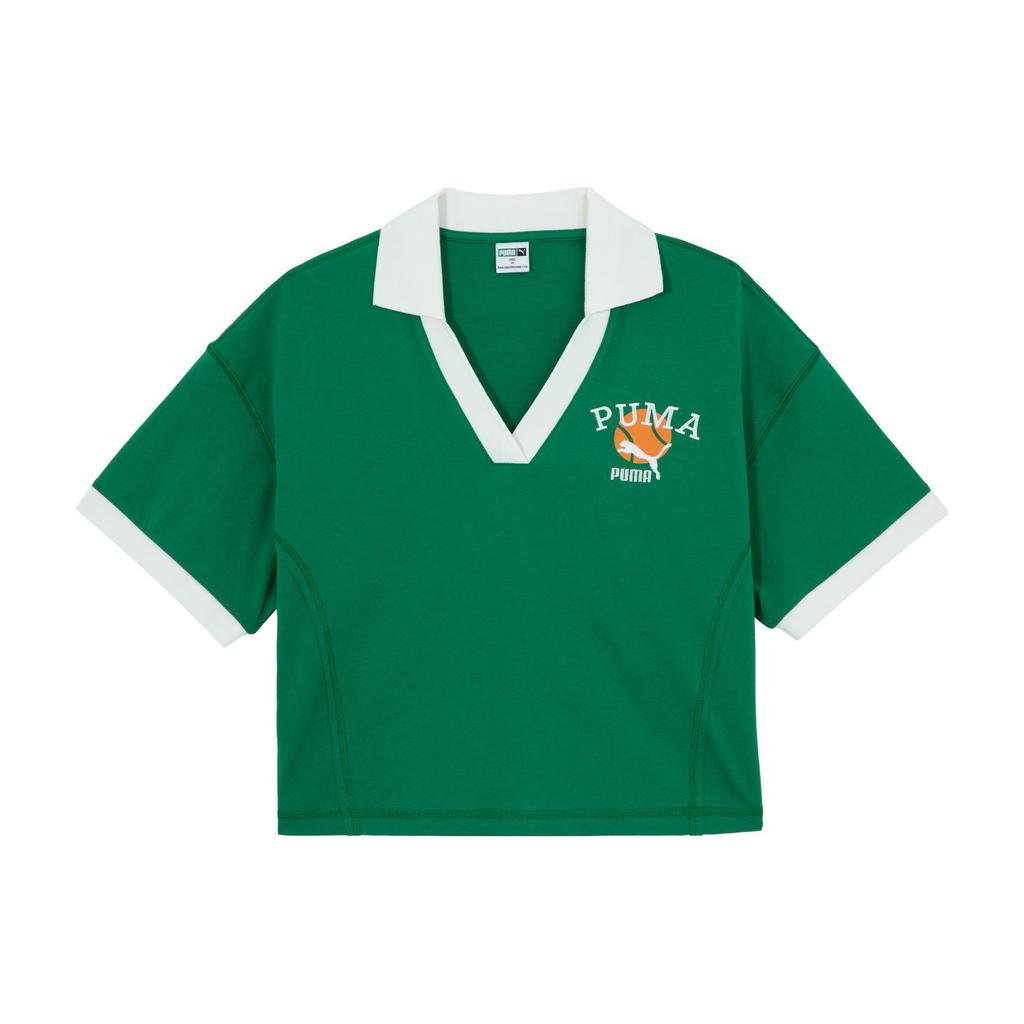 Puma Classics Court Letter Logo Embroidered Casual V-Neck Short Sleeve Polo Shirt Women Polo Shirts Green 622971-86