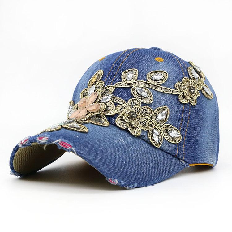 Denim Floral Rhinestone Baseball Cap for Women, Distressed Vintage Adjustable Sun Hat