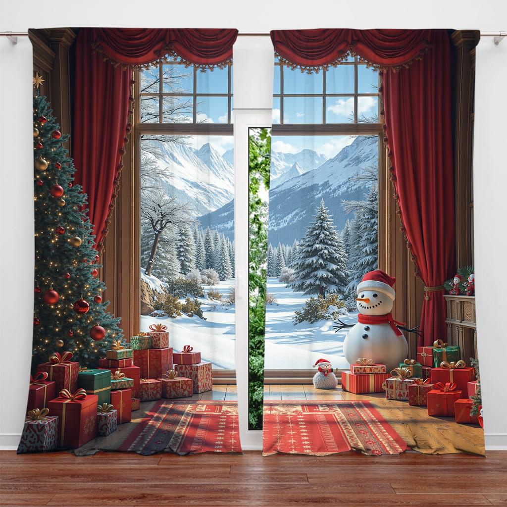 2pcs Christmas Snow Printed Curtain for Christmas Home Decor - Rod Pocket Window Treatment for Bedroom,Office,Kitchen