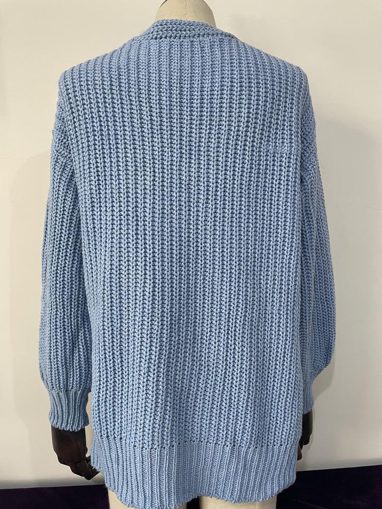 2025 Women's Plus Size Loose Knitwear Cardigan with Lantern Sleeves - Solid Color European and American Style Sweater.