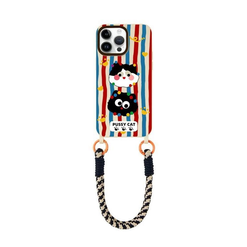 Hanging Rope Card Bag Phone Case Striped Cat for Apple 17PROMAX Cooling Temperament Shell Bracelet Phone Case