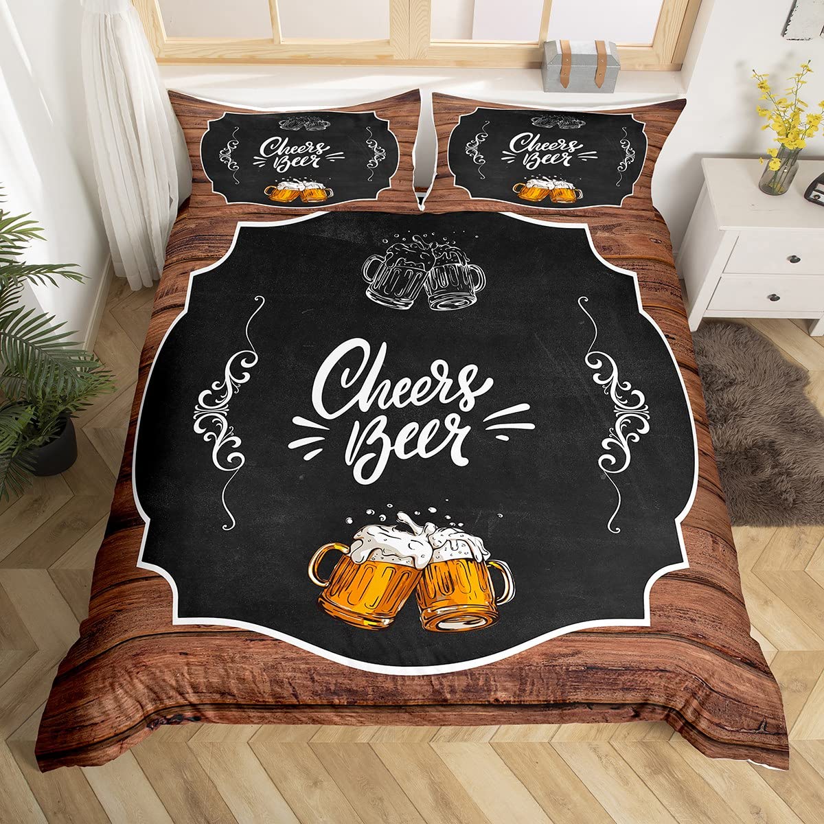 Housse de Couette Bière Ensemble Deux Chopes de Bière Mousse Blanche Ensemble de Literie 3 pièces pour Enfants Boissons Dorées Housse de Couette Housse de Couette Douce en Polyester 140x200cm 3pcs