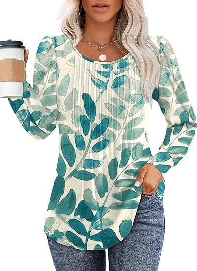 Women Long Sleeve Ribbed Knit Top Crew Neck Puff Shoulder Casual Loose Fall Blouse Shirt