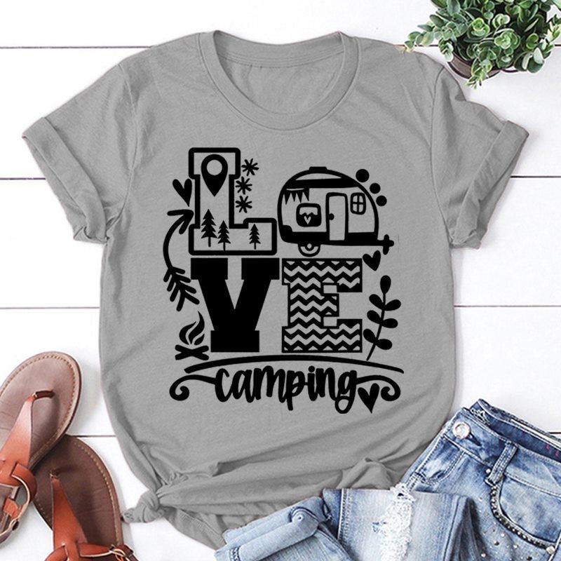 New Fashion Women T-Shirt Love Camping Print Short Sleeve Camper Casual Tee Round Neck Tops