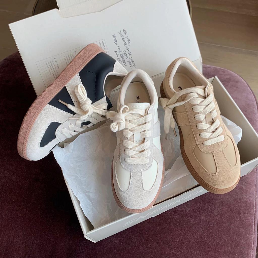 Spot cowhide version~ Grape mother same leather German training shoes color matching casual lace-up platform white shoes women's board shoes