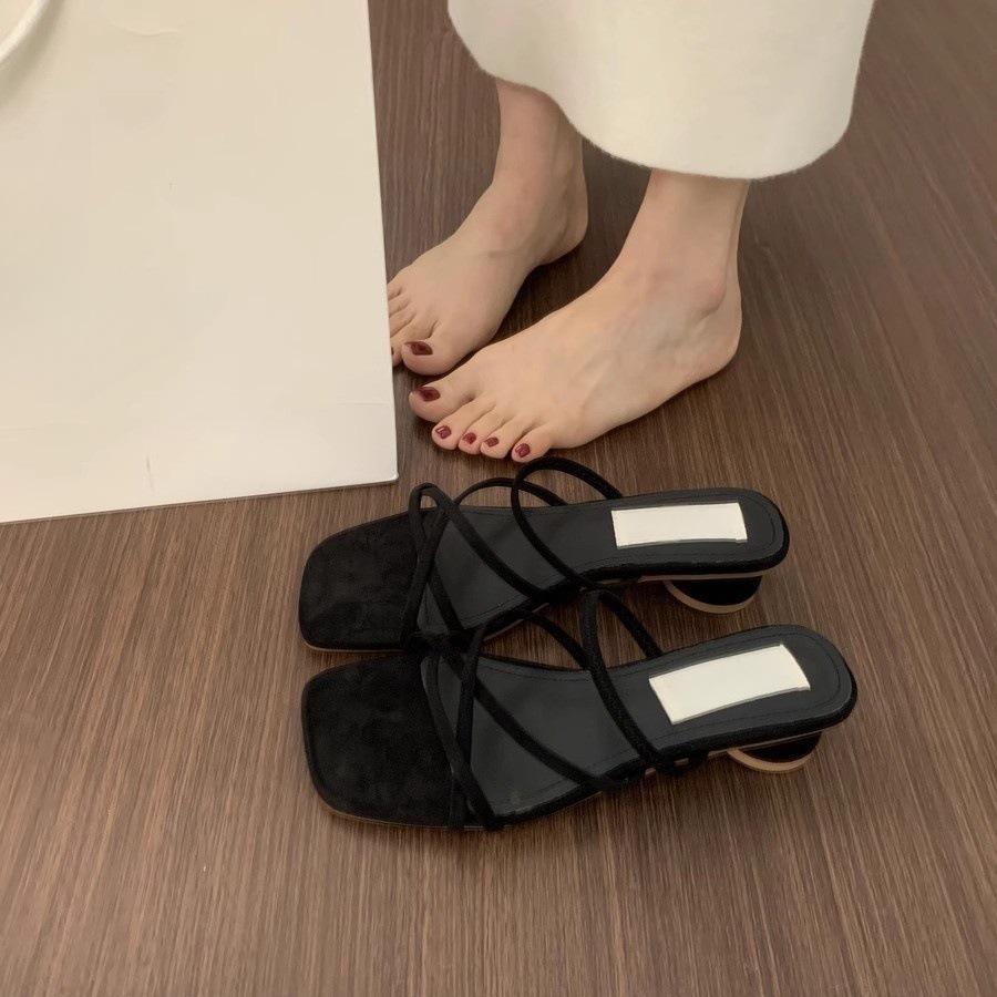 Korean Fairy Wind Cross with Open-toed Suede Slippers Female Summer Wear 3cm Small Thick Heel Not Tired Feet Sandals