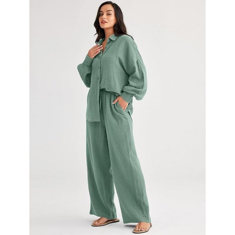 Women's Casual Long Sleeve Shirt and Wide Leg Pants Set In Multi Colors