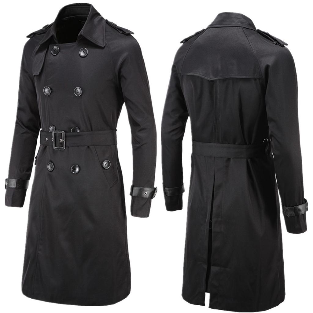 Mens Spring Autumn Windbreak Overcoat Long Trench Coats with Belt Male Pea Coat Double Breasted Solid Outerwear