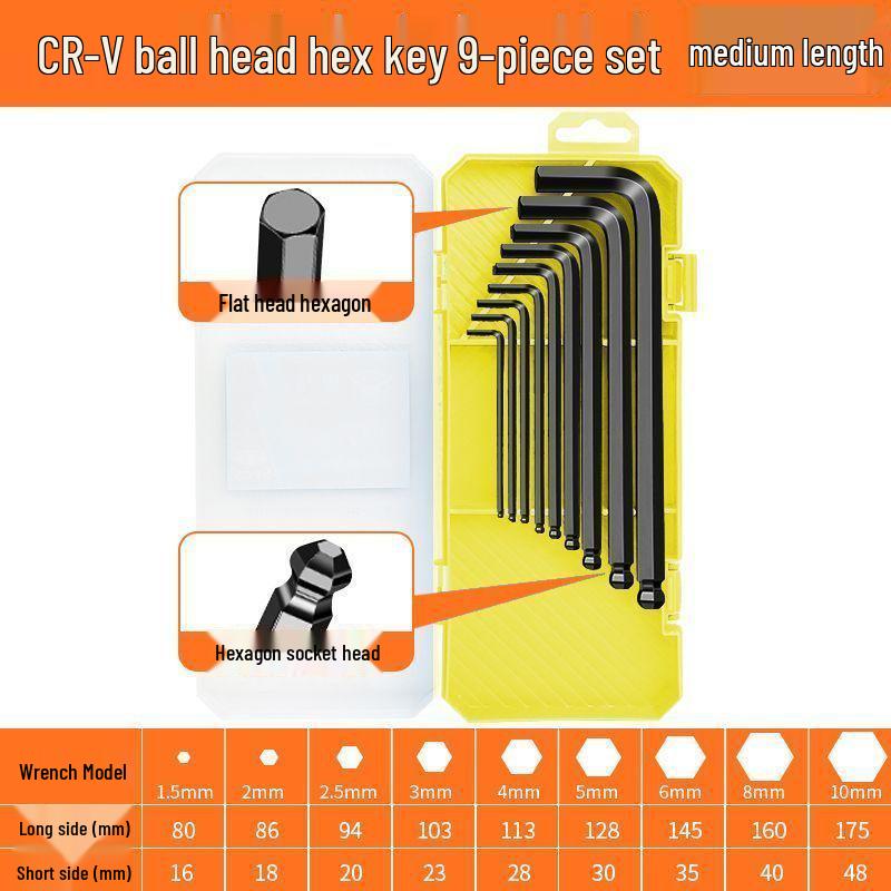 9-Piece Ball End Hex Key Set - Hexagonal 6-Point Screwdriver Wrench